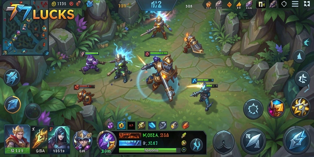 Screenshot game MOBA 77LUCKS menampilkan aksi seru antar karakter.