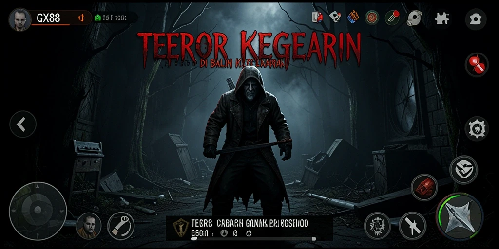 Screenshot gameplay GX88 menampilkan suasana mencekam yang menghantui.