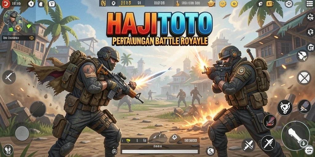 Screenshot utama menunjukkan pertarungan seru di arena Battle Royale.