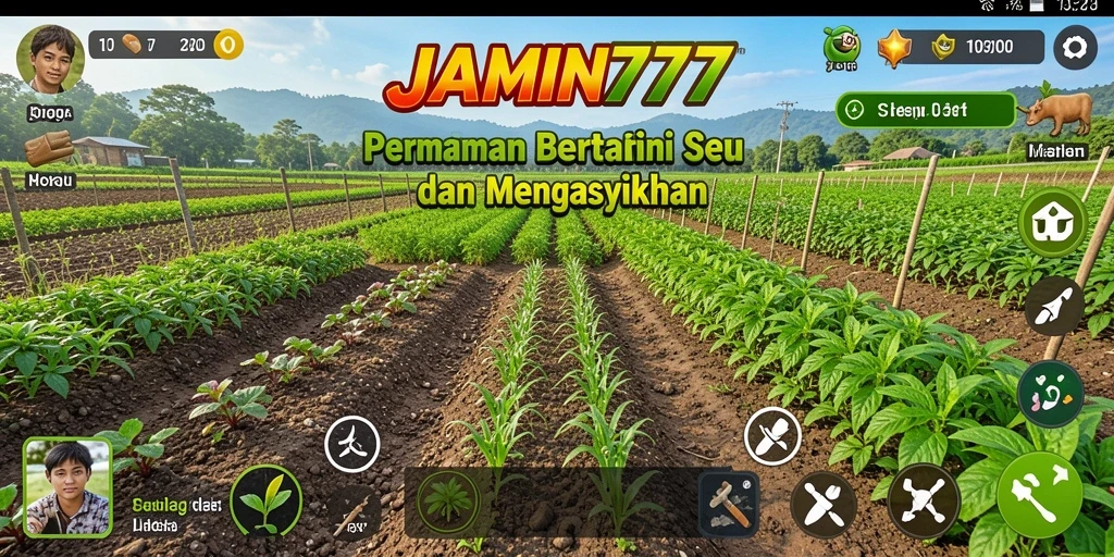 Tampilan gameplay JAMIN777 dengan pertanian yang subur dan beragam tanaman.