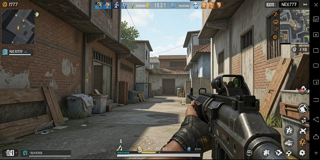 Tampilan gameplay mendebarkan dari NEX777 dengan aksi FPS intens.