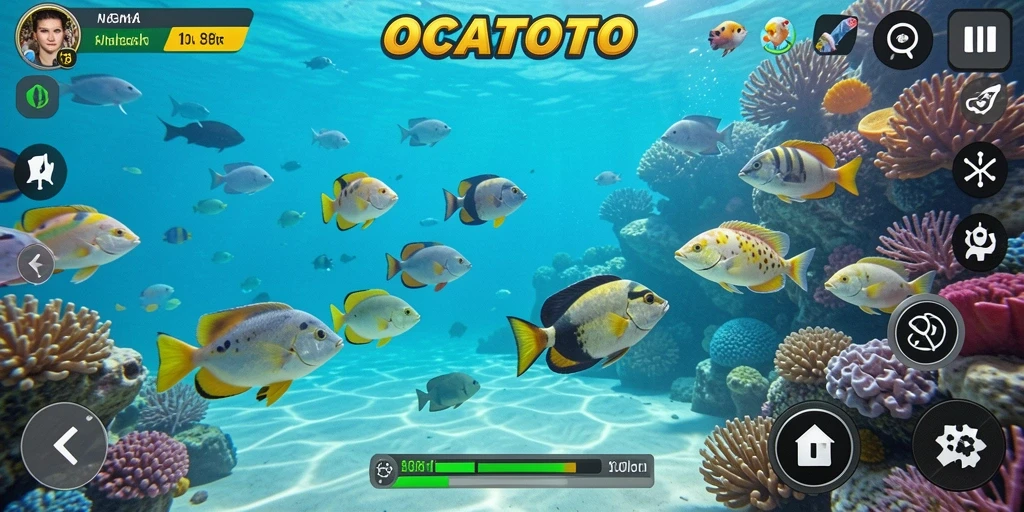 Screenshot tampilan gameplay seru OCATOTO dengan banyak ikan.