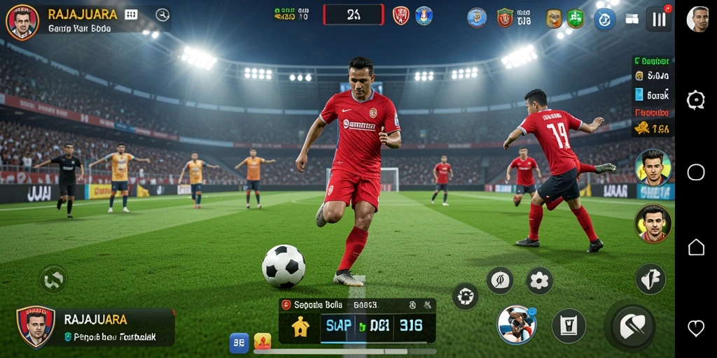 Tangkapan layar utama RAJAJUARA menampilkan aksi seru di lapangan sepak bola.