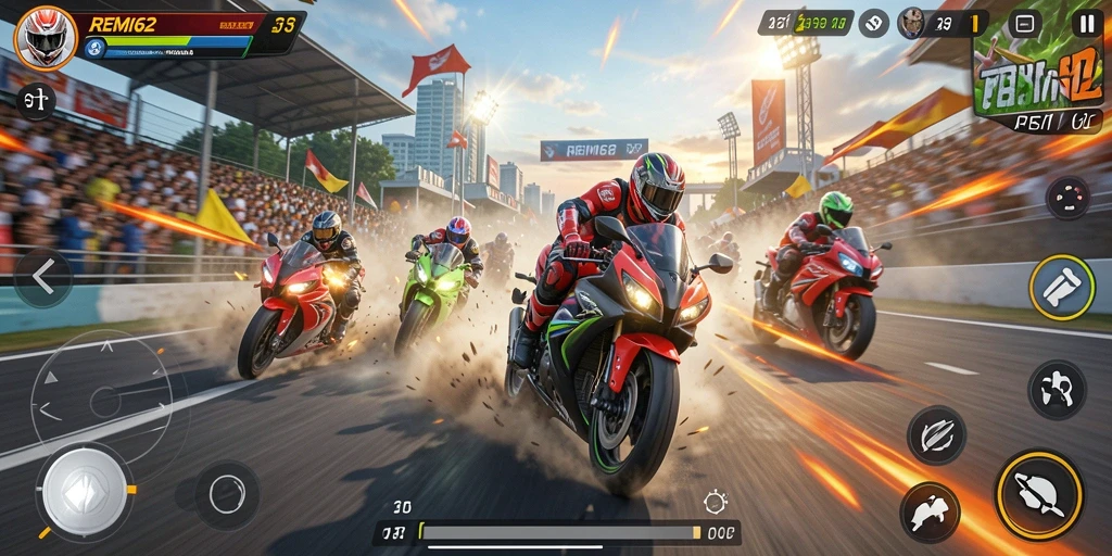 Screenshot REMI62 menampilkan aksi balapan motor yang mendebarkan dan menarik.